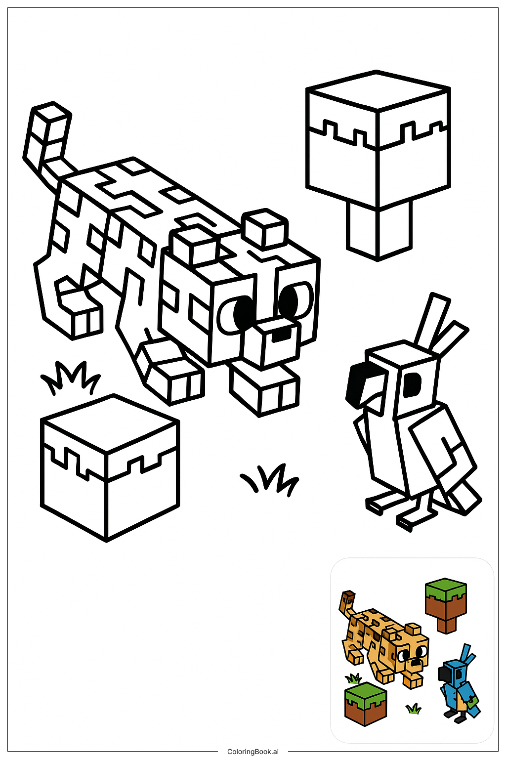  Minecraft 豹貓潛伏鸚鵡著色頁 