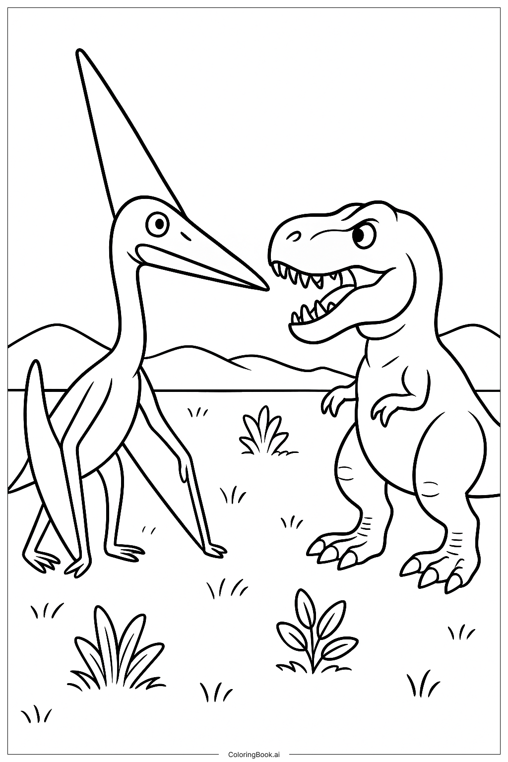  Página para colorir de Quetzalcoatlus Enfrentando um T-Rex 
