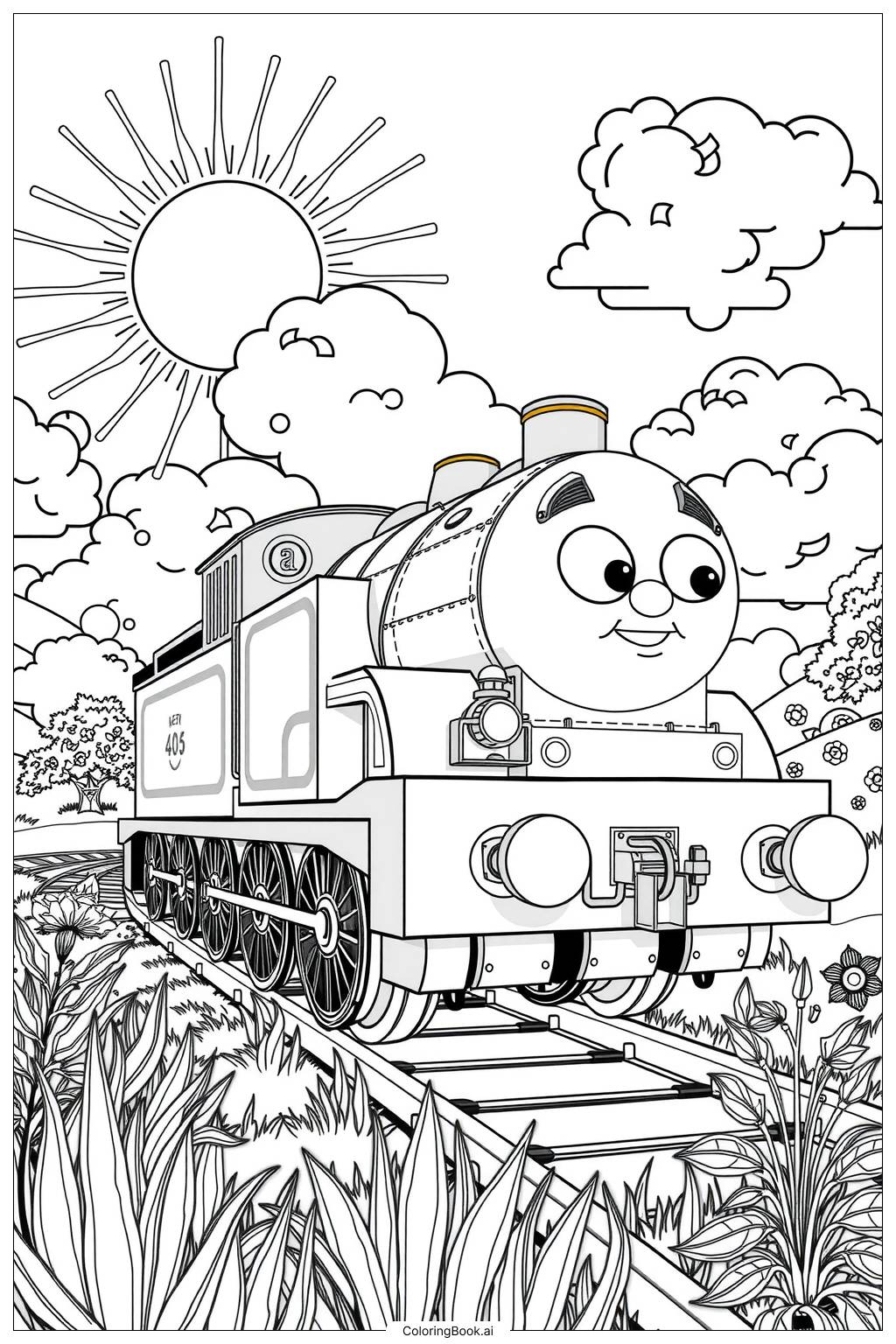  Página para colorir de Percy, o trem em um dia ensolarado 