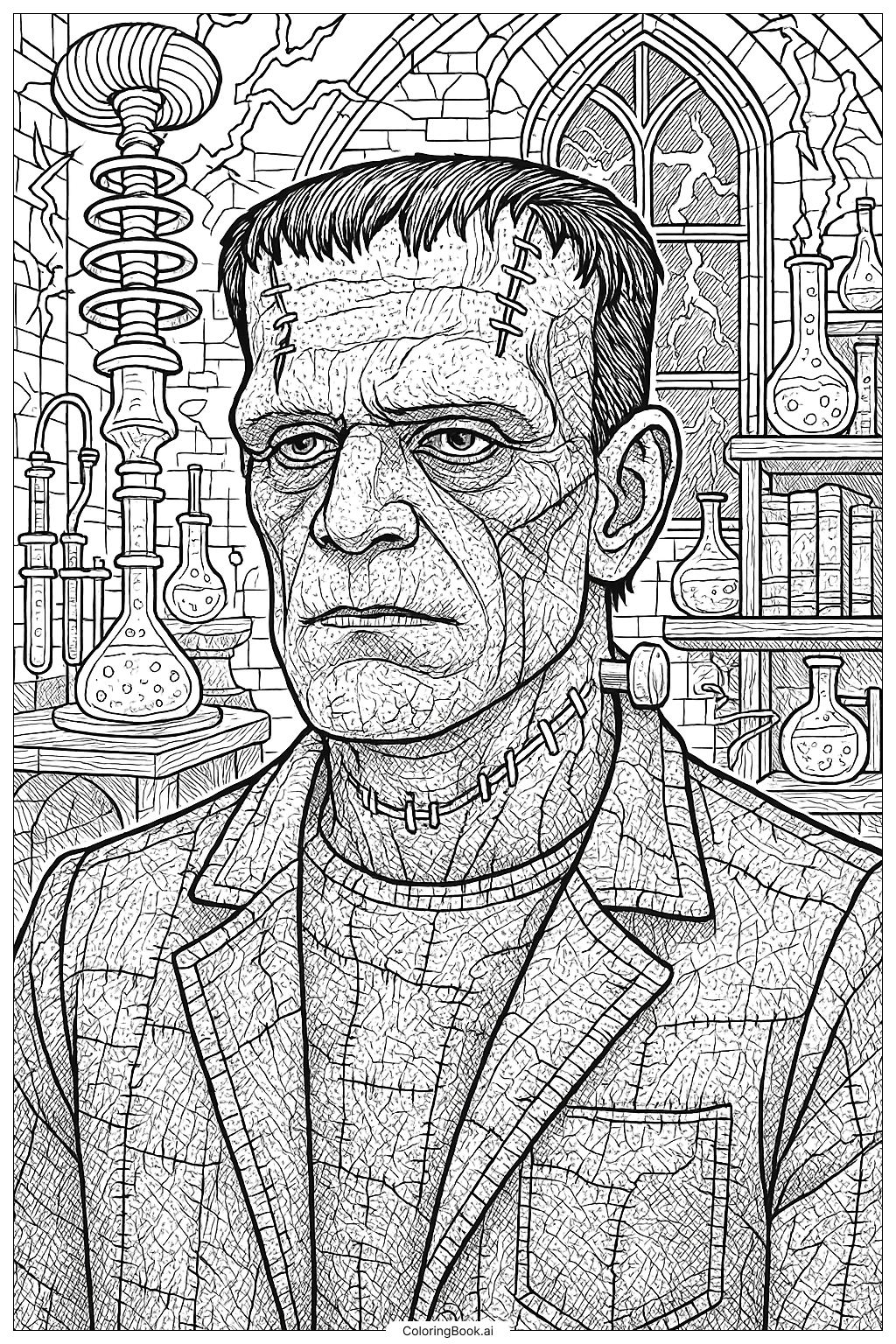  Ein detailliertes Porträt von Frankensteins Monster Ausmalseite 