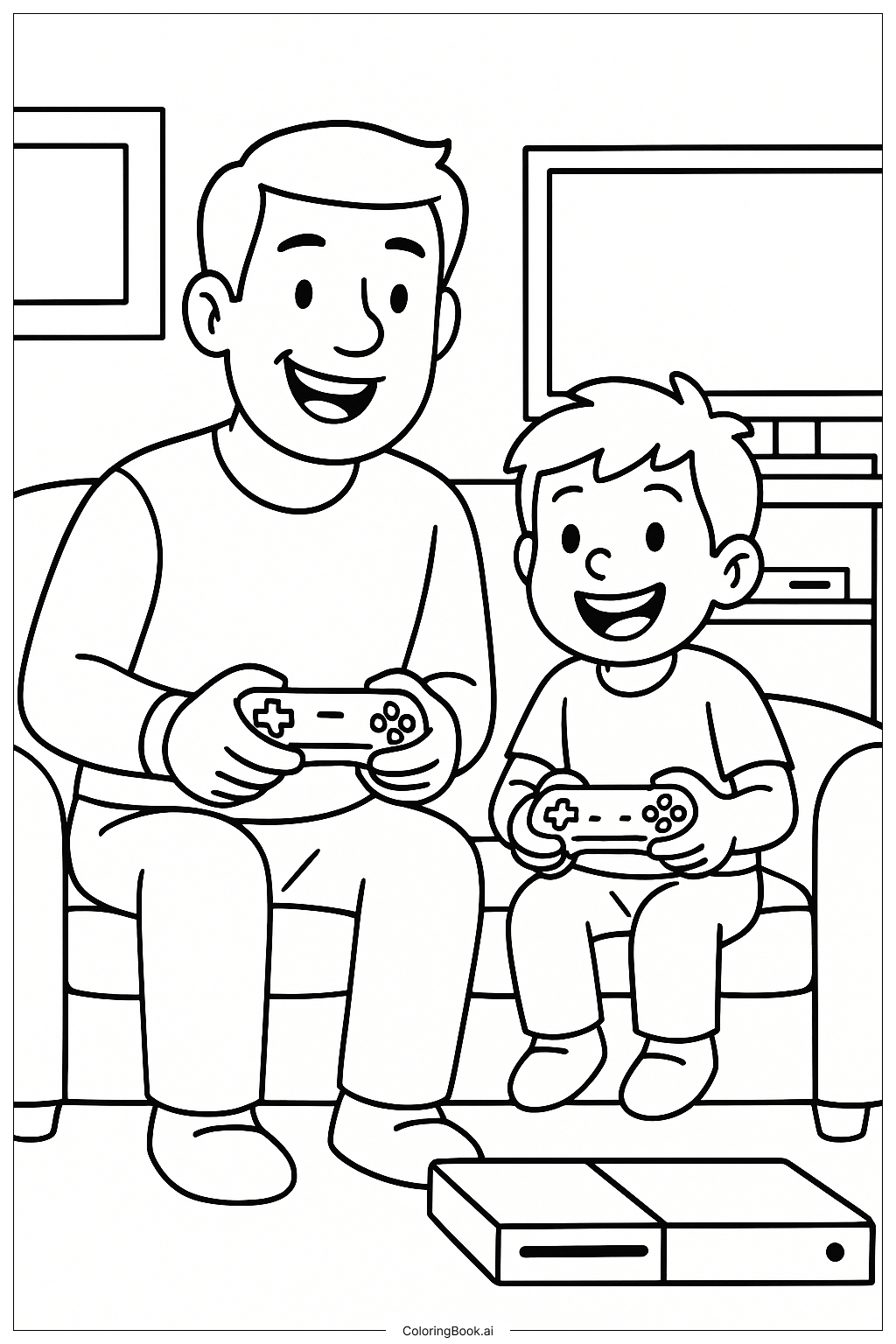 Playing Video Games With Dad On Fathers Day Coloring Page