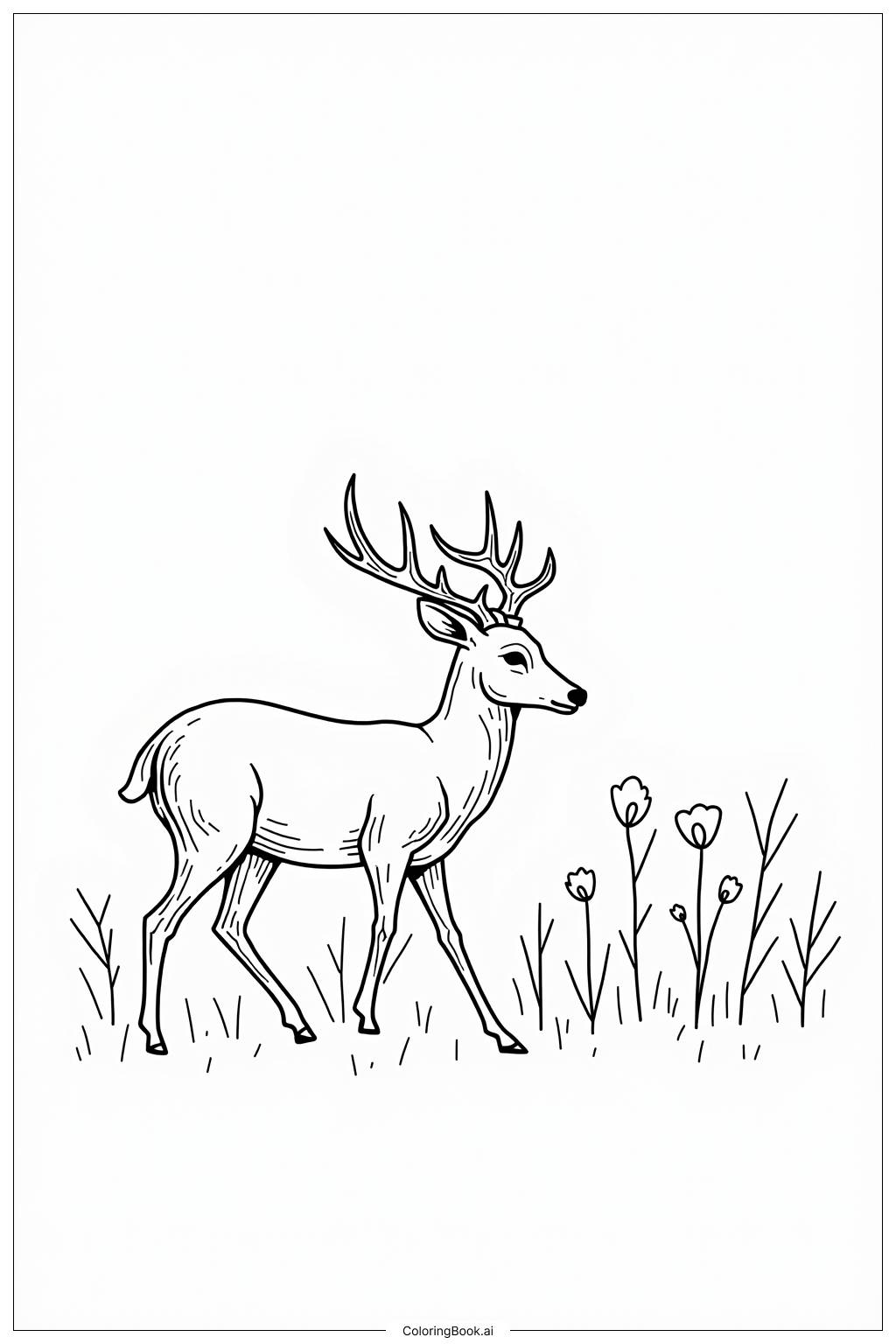  Page de coloriage Un cerf marchant à travers un parterre de fleurs 