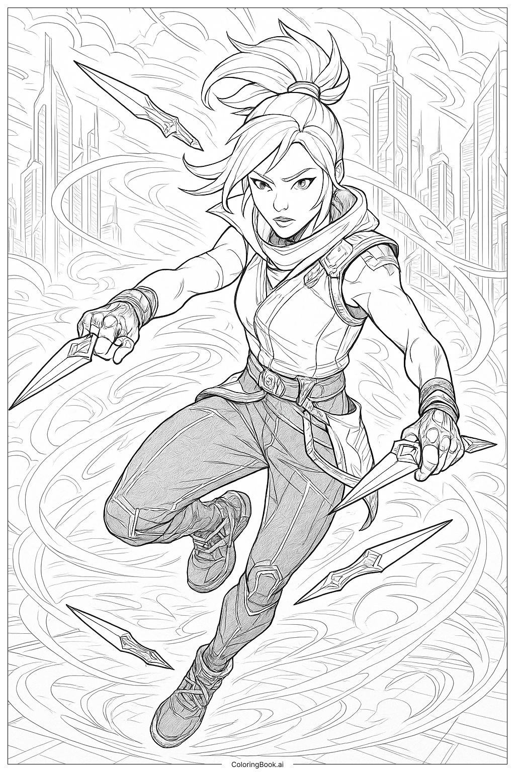  Página para colorear de Valorant Jett usando la habilidad definitiva Blade Storm 