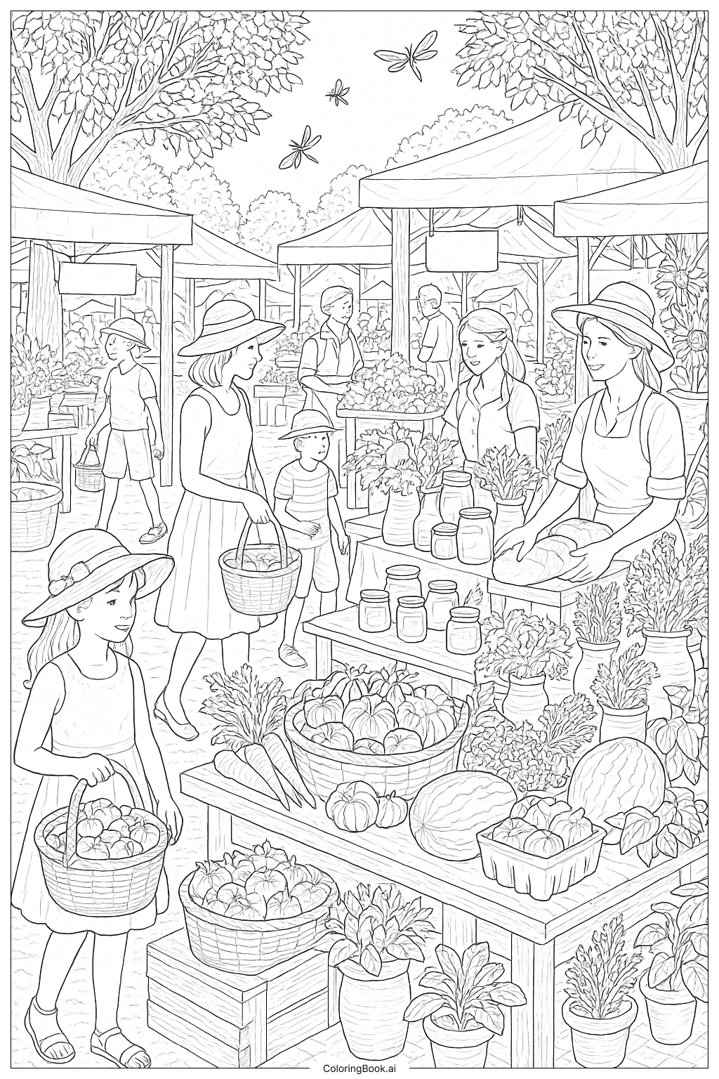  A Busy Summer Farmers Market Coloring Page 