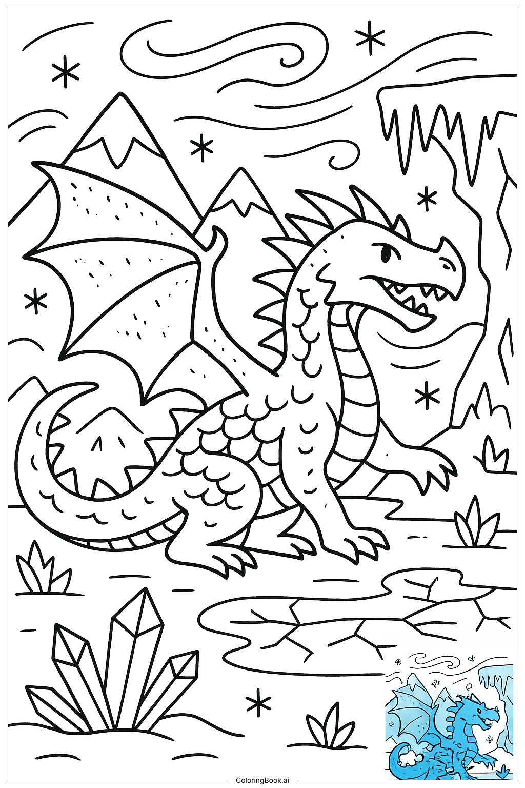  氷のドラゴン 冷凍風景の中での塗り絵ページ 