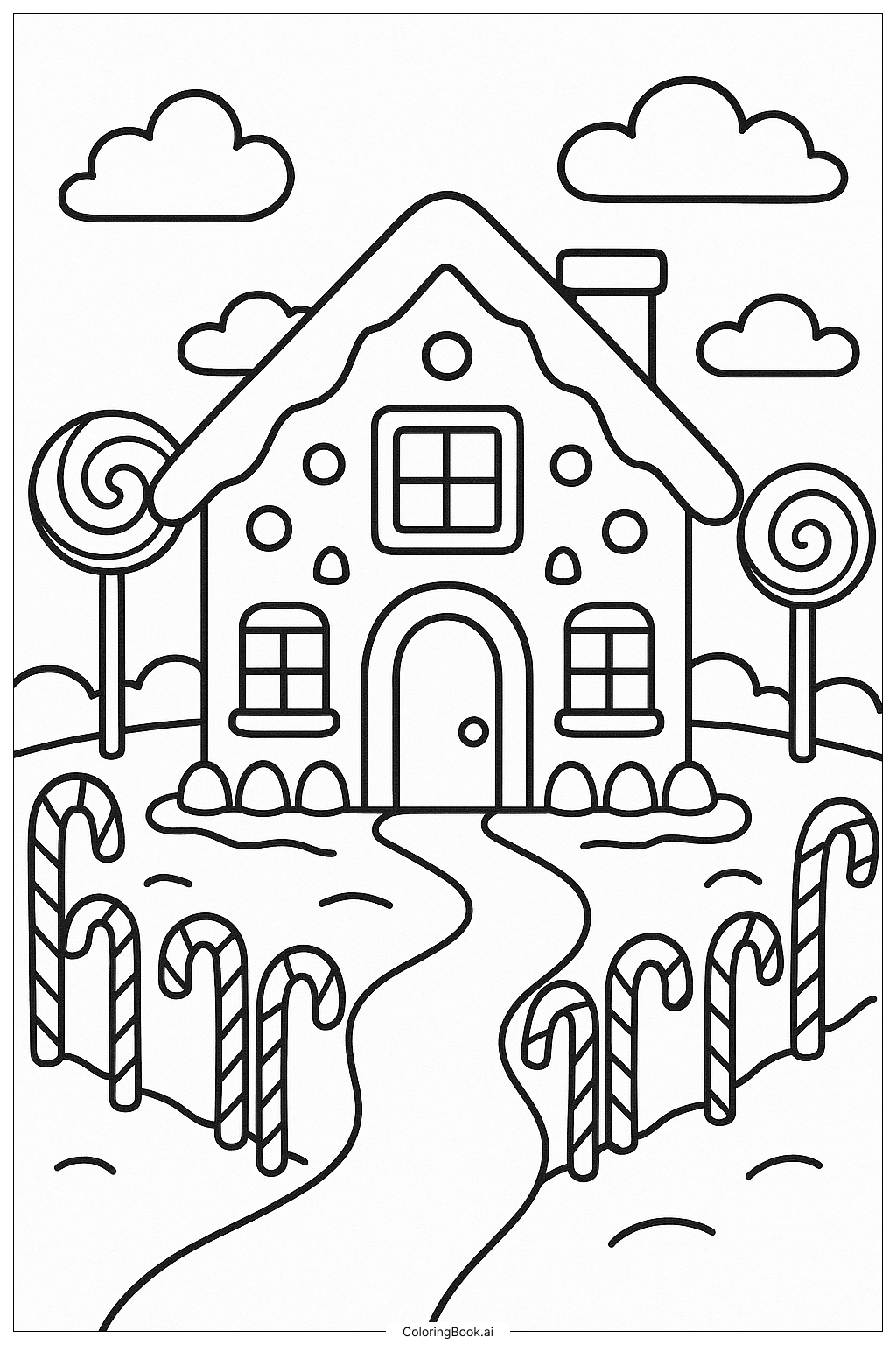  Gingerbread House With Candy Cane Fence Coloring Page 