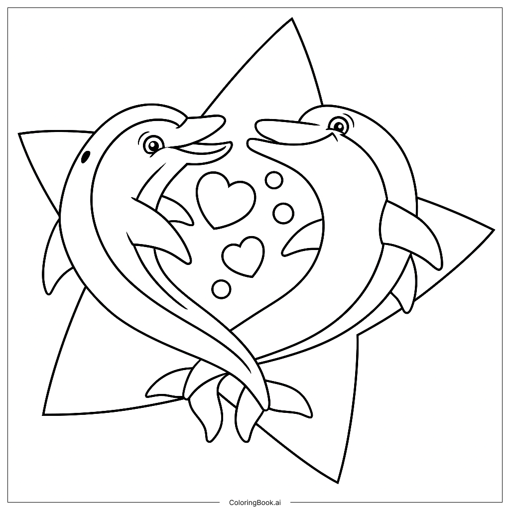  Page de coloriage Personnages de dauphins dansants avec une étoile violette en arrière-plan 