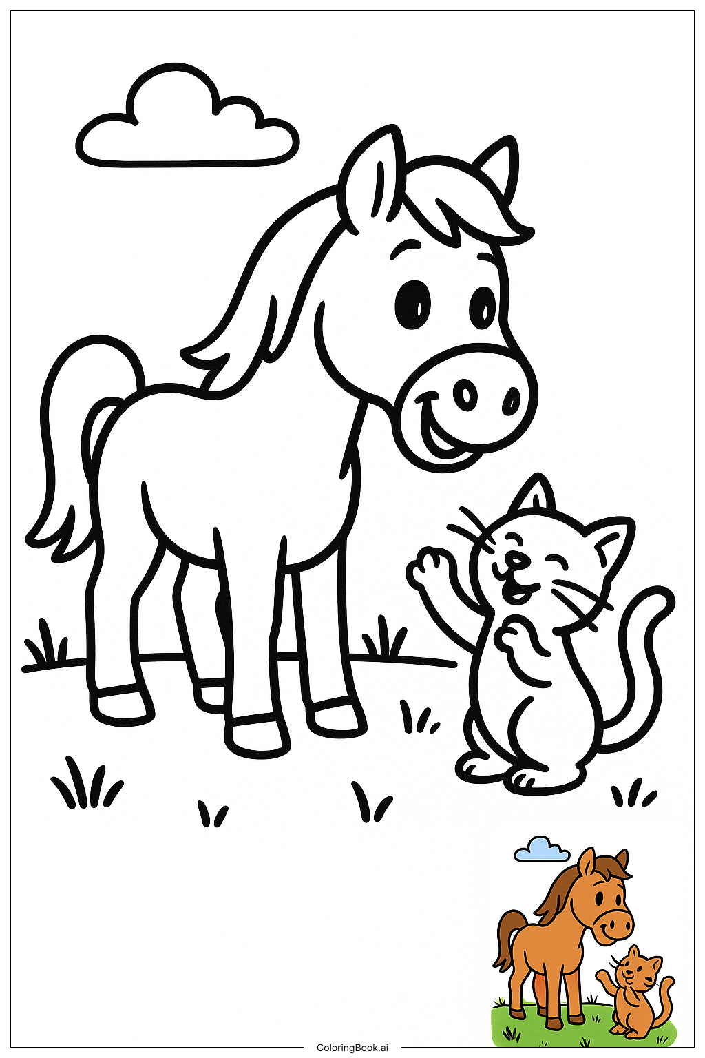  馬と倉庫の猫の遊びの塗り絵ページ 