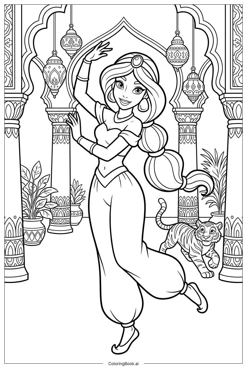  ディズニープリンセスが華やかな宮殿のアーチの中で踊るの塗り絵ページ 