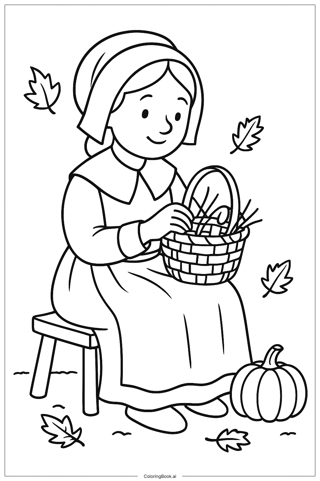  바구니를 짜는 순례자 여성 색칠공부 페이지 