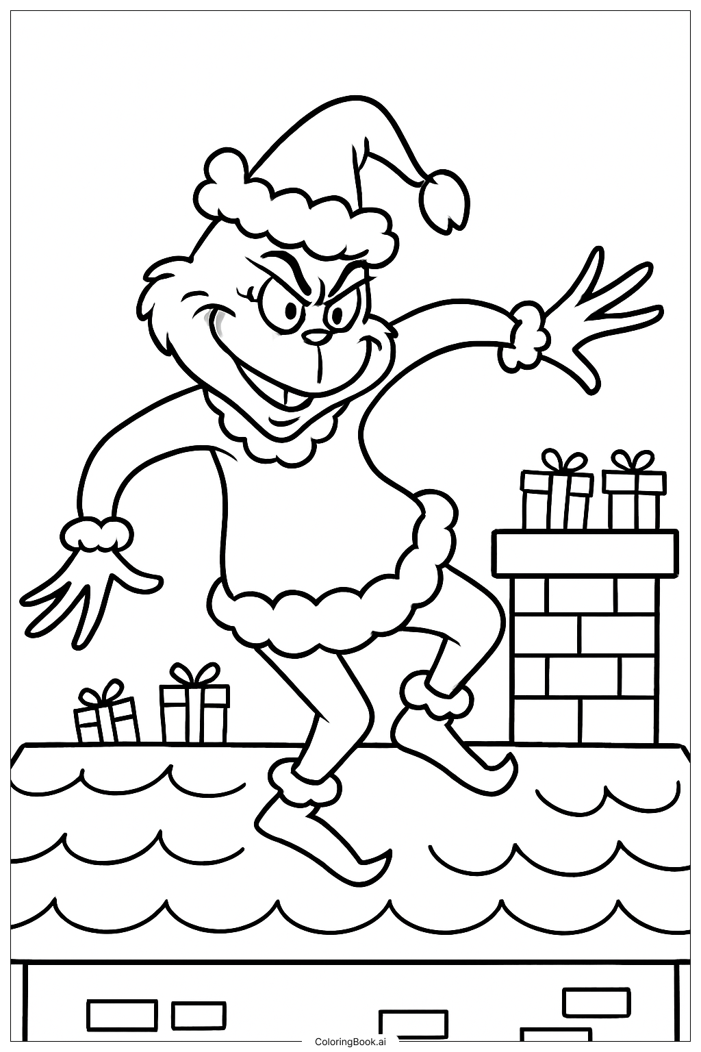  Page de coloriage Le Grinch en équilibre sur le bord du toit 