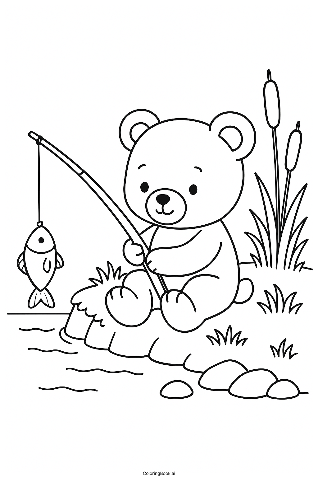  Teddy Bear With A Fishing Rod And Fish Coloring Page 