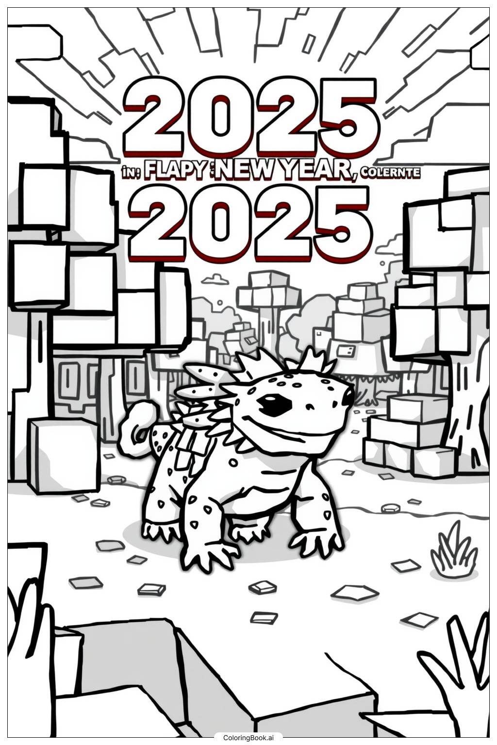  Axolotl Exploring Minecraft on 2025 New Year Coloring Page 