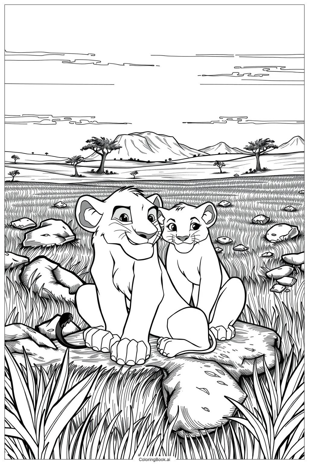  Page de coloriage roi lion Nala et Simba assis ensemble 