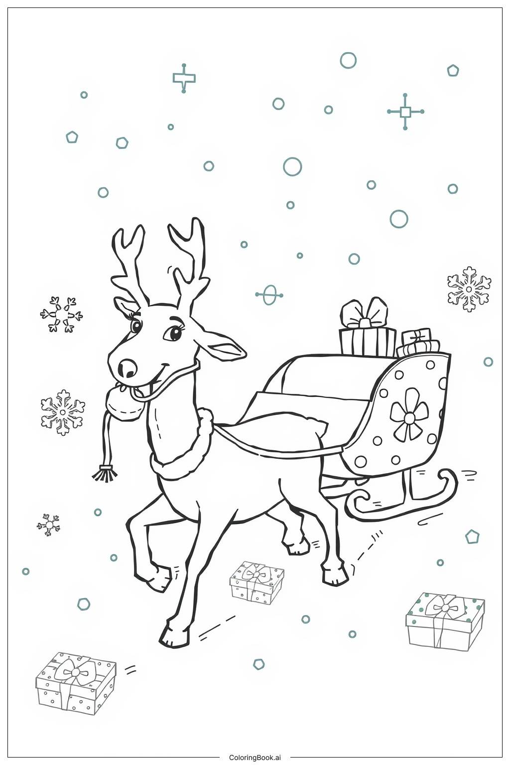  Page de coloriage renne de Noël tirant un traîneau 