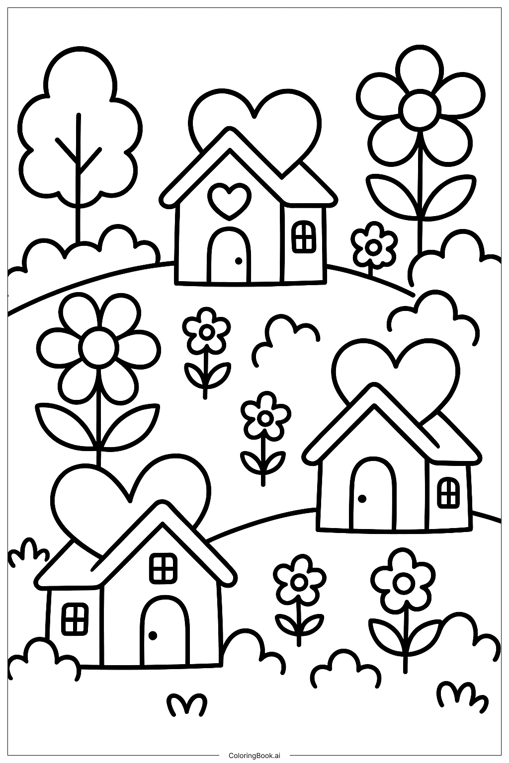  A Village Of Hearts and Flowers Coloring Page 