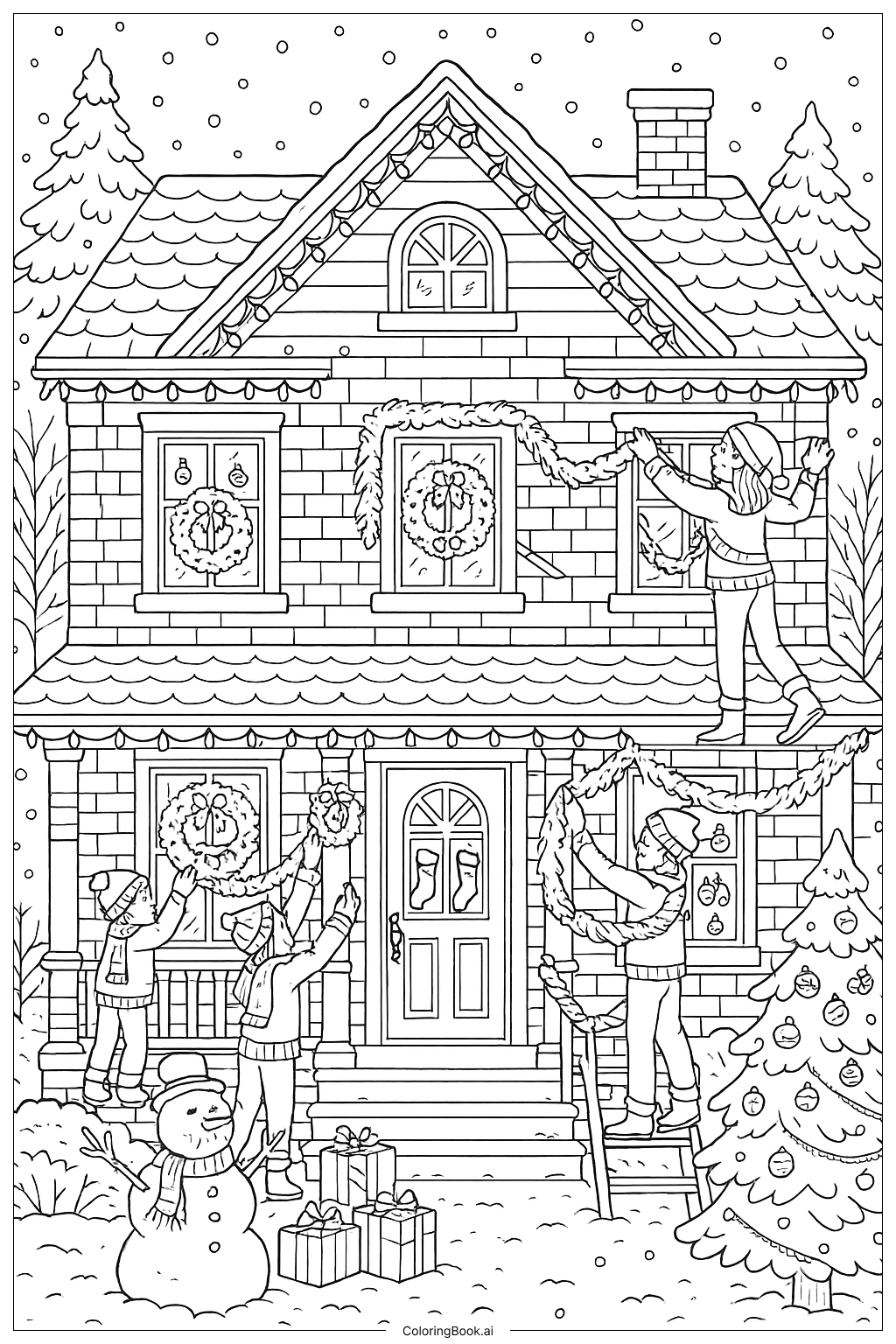 Decorating a House for Christmas Coloring Page
