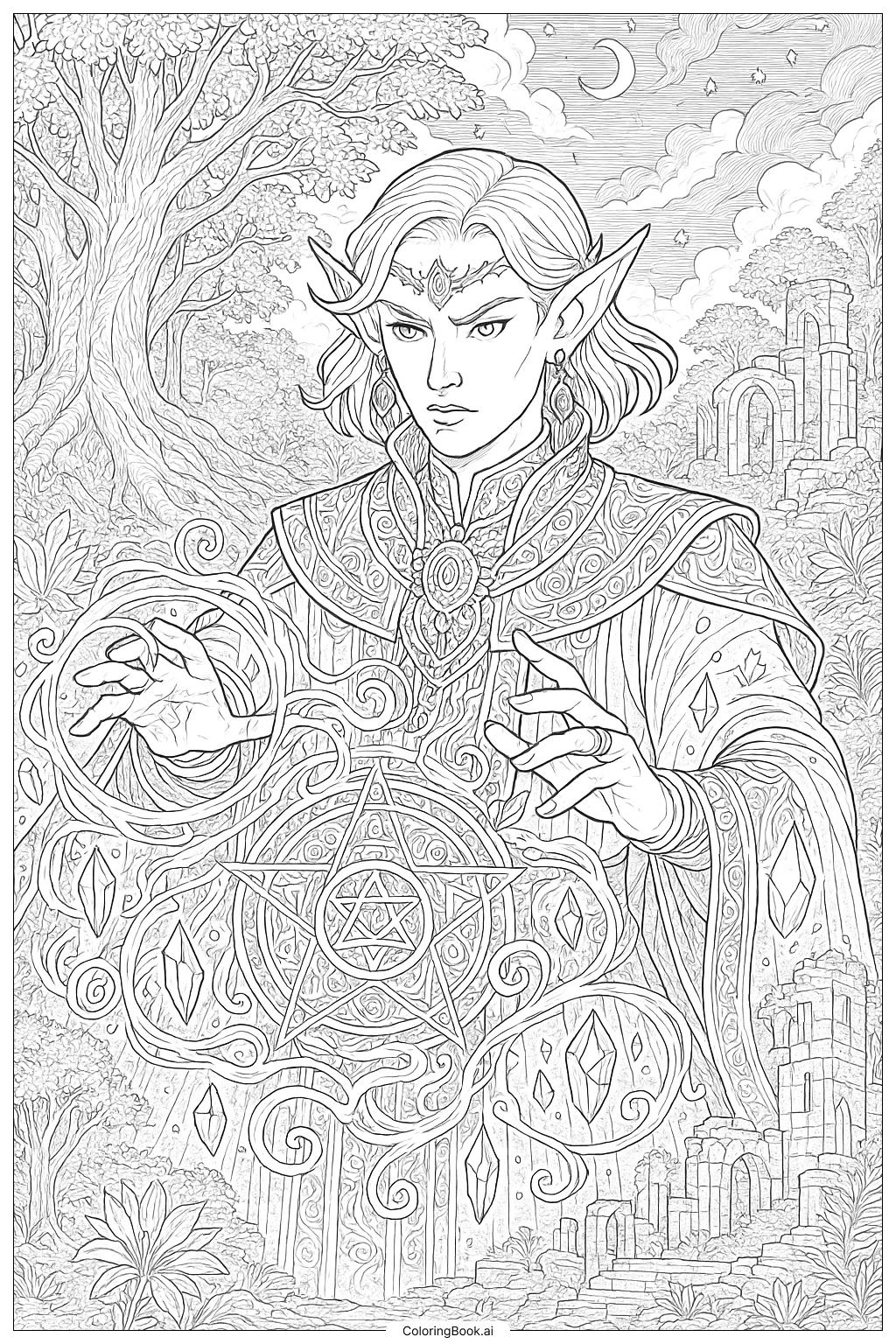  Página para colorir de Um Feiticeiro Elfo Lançando um Feitiço Complexo 