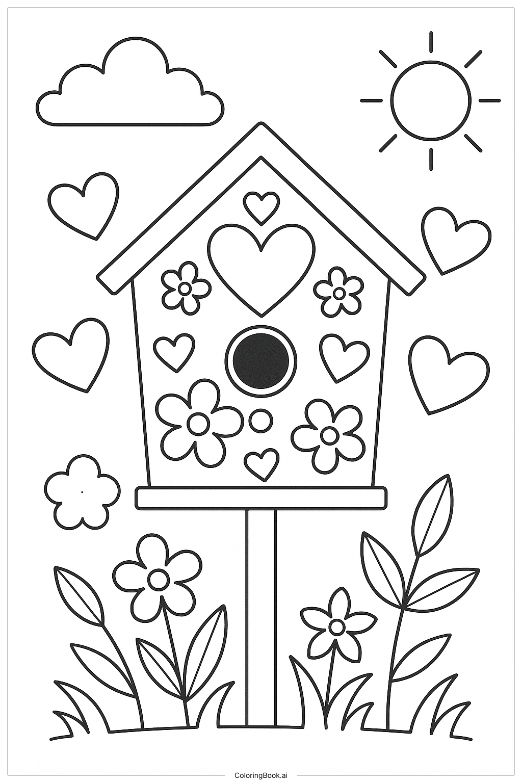  A Birdhouse Covered In Hearts and Flowers Coloring Page 