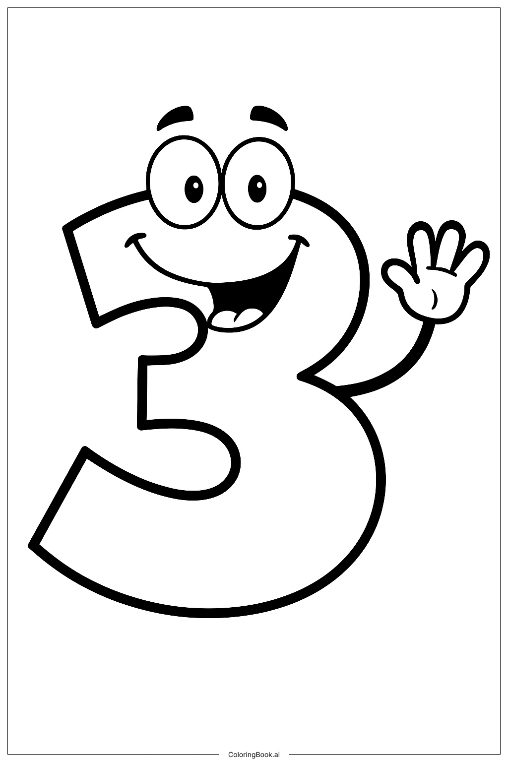  搞笑的数字三挥手填色页 