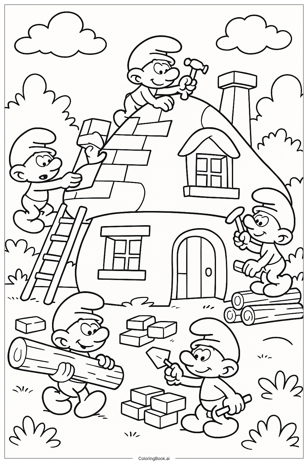  The Smurfs Building A New Hut Coloring Page 