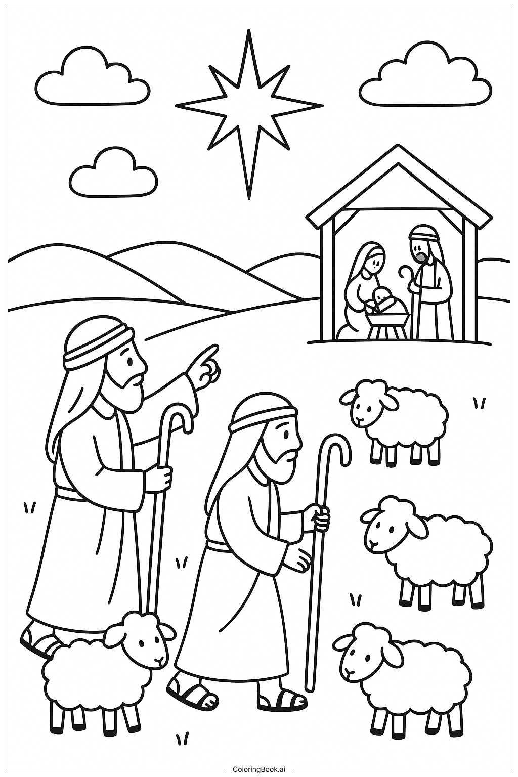  Weihnachtsstern führt Hirten Ausmalseite 