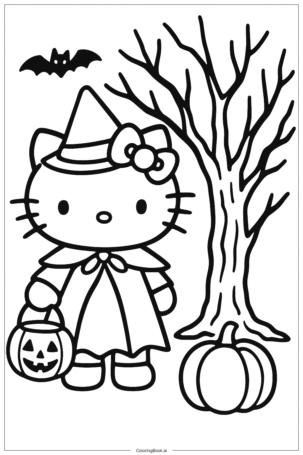 Trang tô màu Hello Kitty Bên Cây Ma Quái