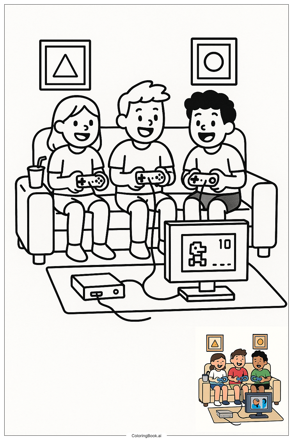  Friends Playing Video Games On Couch 색칠공부 페이지 