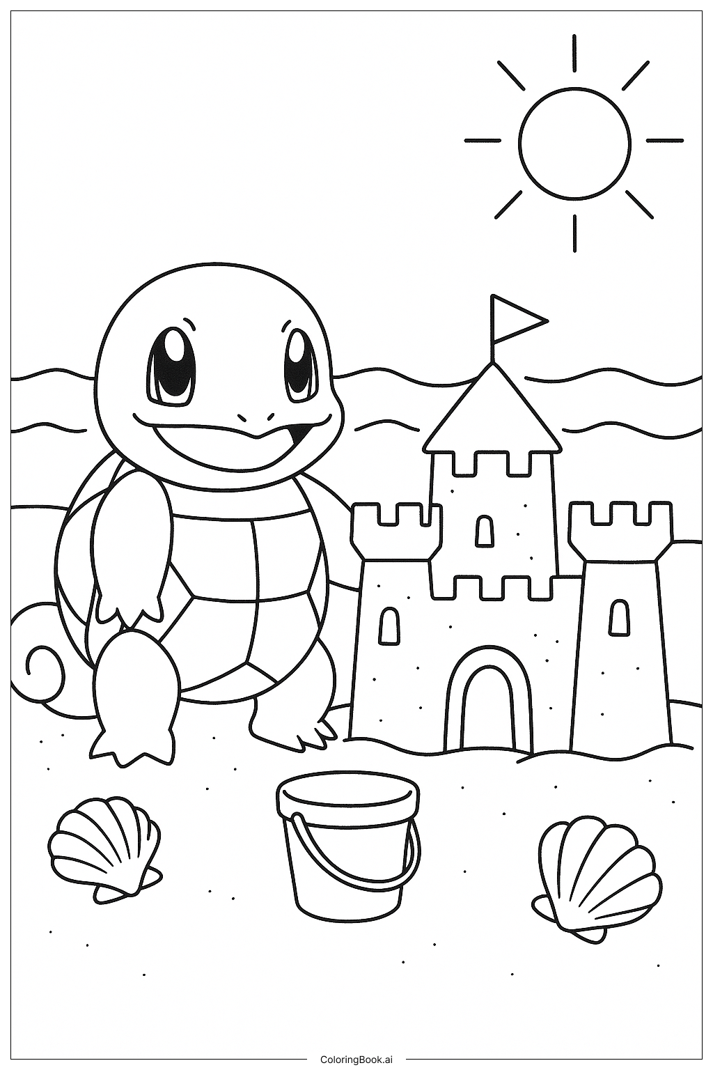 Página para colorear de Squirtle Junto a un Castillo de Arena 