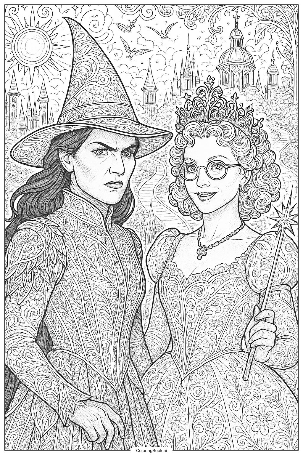  Página para colorir de Trajes Detalhados do Filme Wicked 2024 