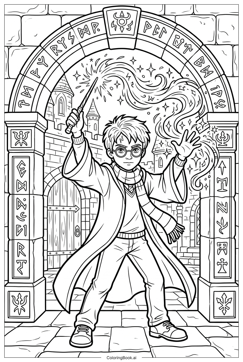 Harry Potter casting spell beneath rune archway Coloring Page
