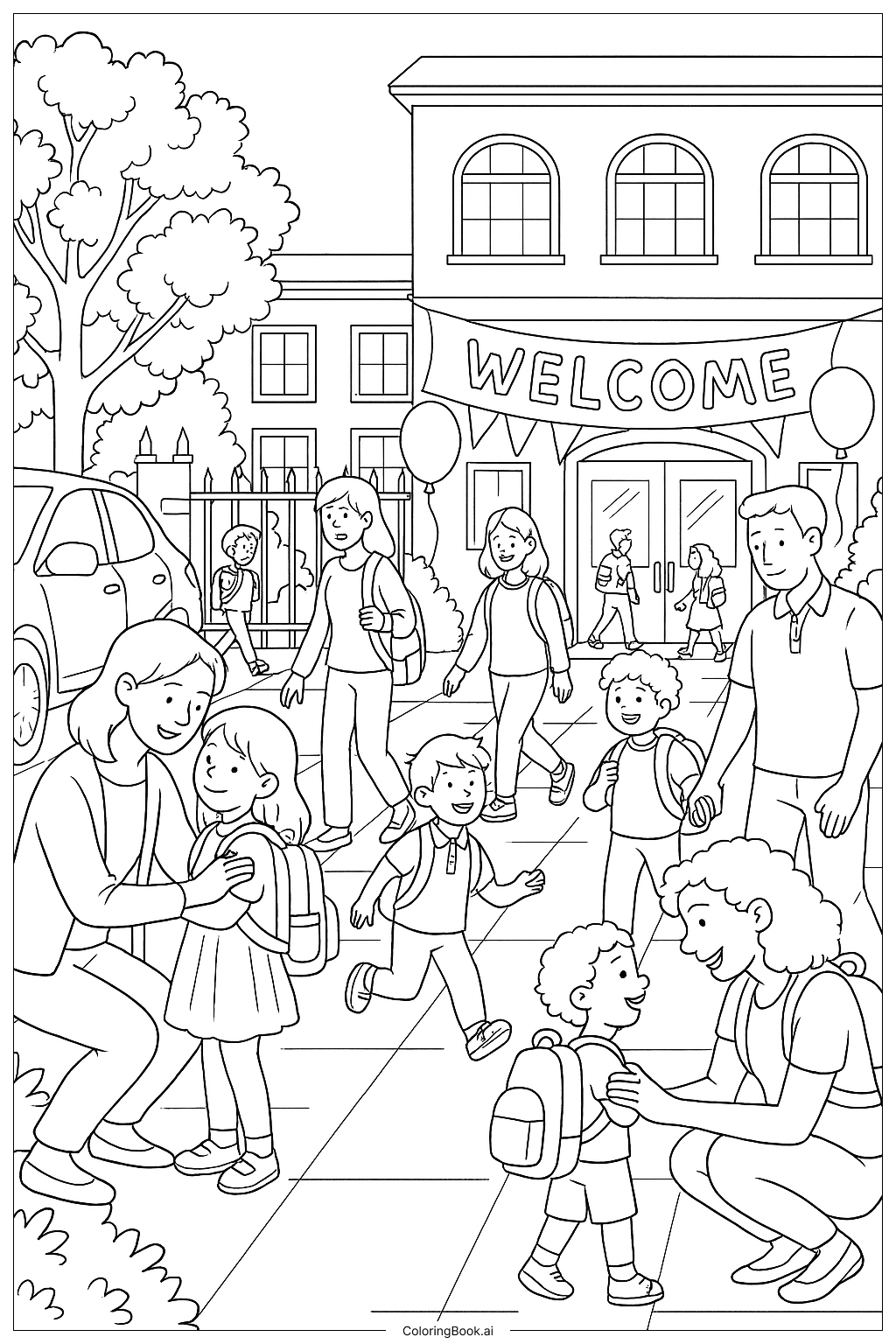  Page de coloriage Parents déposant leurs enfants le premier jour d'école 