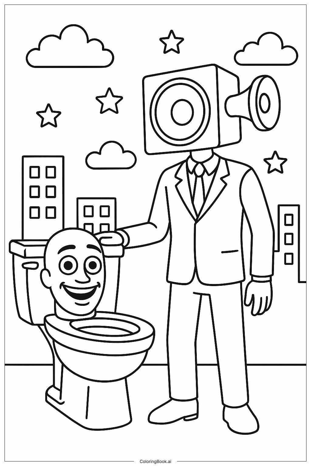  Page de coloriage Titan Speakerman et un Skibidi Toilette 