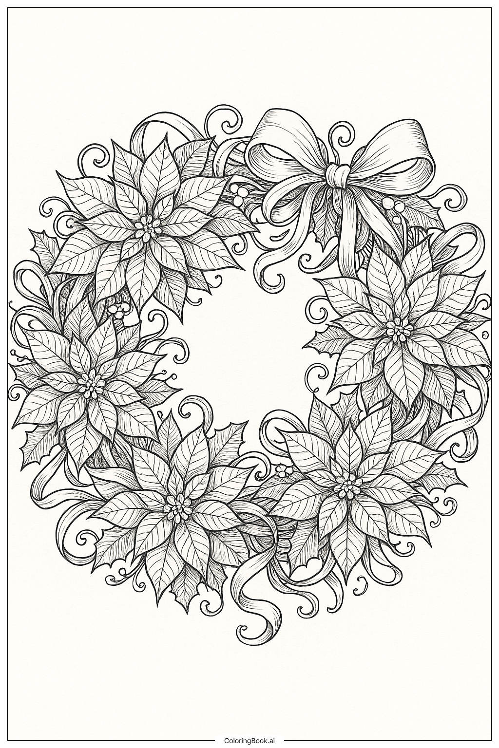 Elaborate Poinsettia Wreath With Ribbons Coloring Page