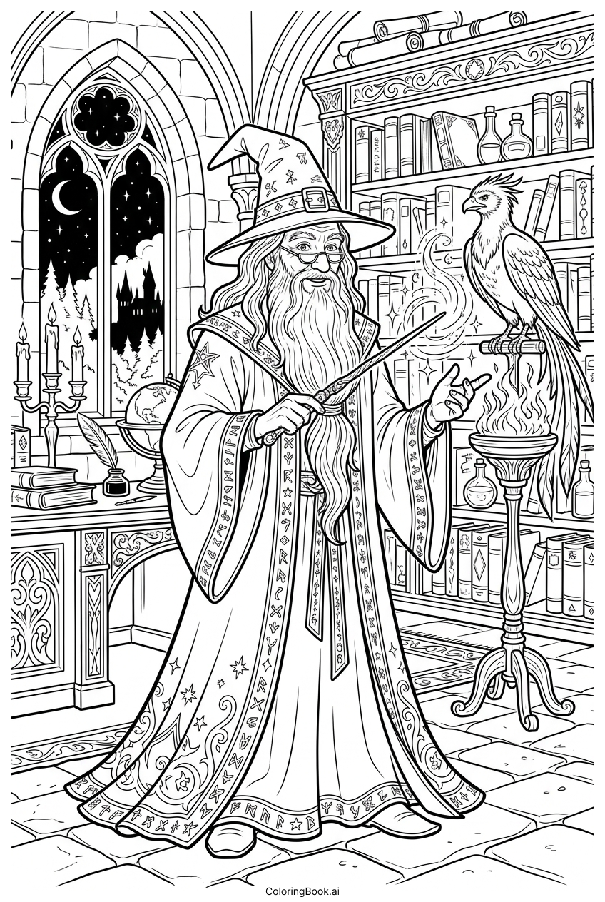 Harry Potter visiting headmaster and loyal phoenix Coloring Page