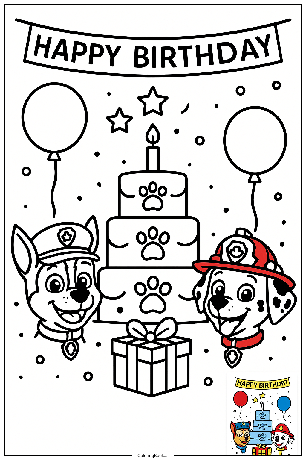  Página para colorir de Configuração de Festa de Aniversário da Patrulha Canina 