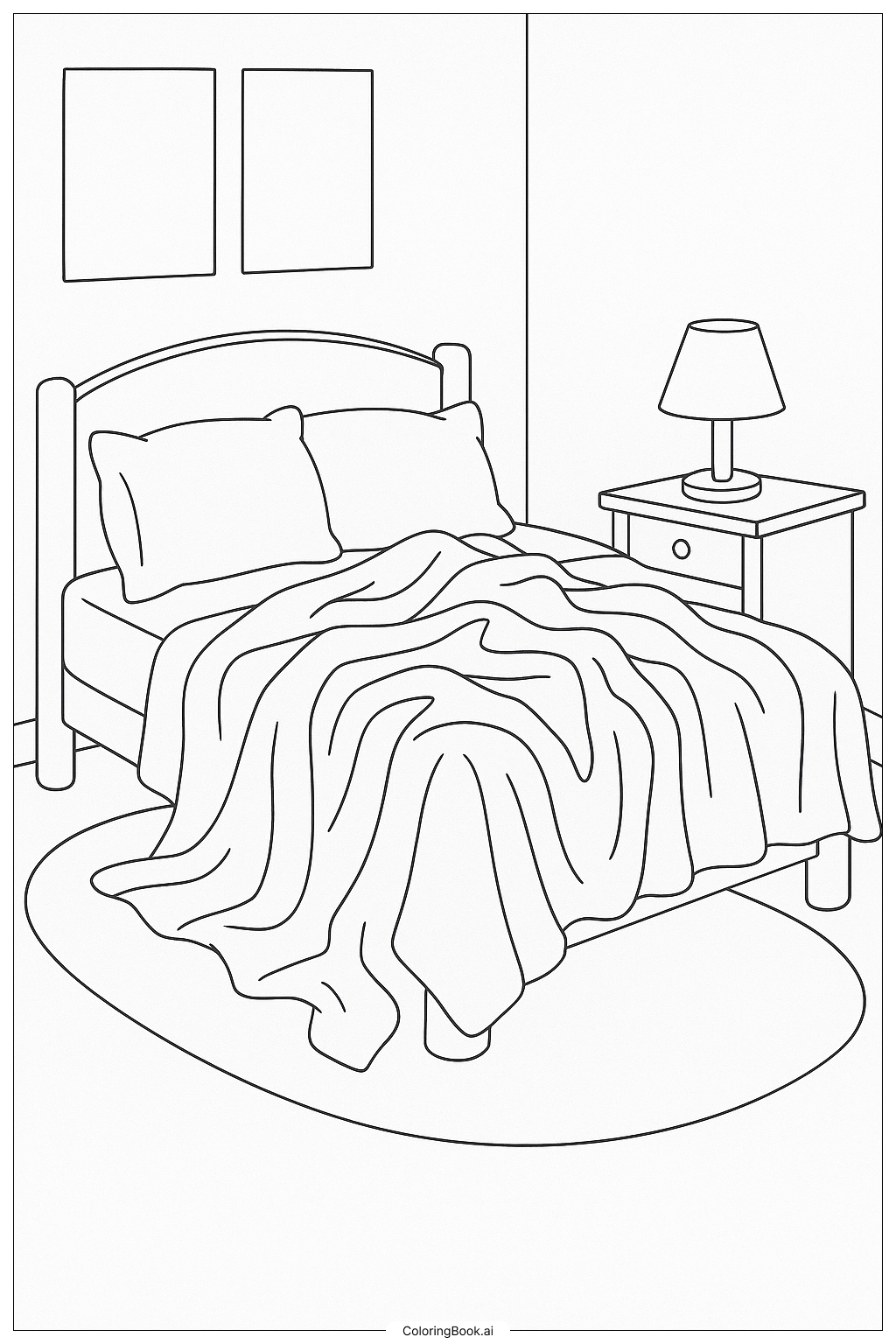  Page de coloriage Une chambre confortable avec une couverture en désordre 