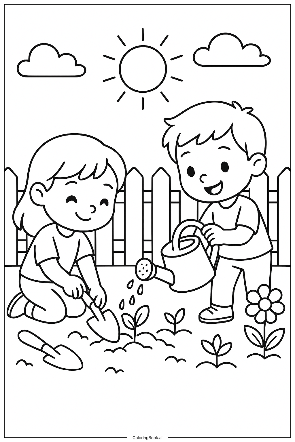 Kids Planting A Spring Garden Coloring Page Free PDF PNG Printable 