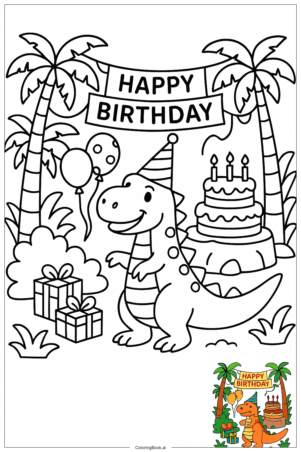  Happy Birthday Dinosaur Jungle Theme Coloring Page 