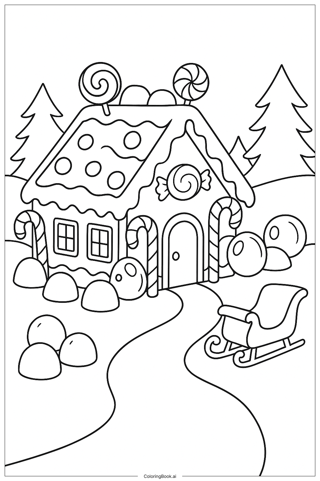  Gingerbread House With A Sleigh Coloring Page 