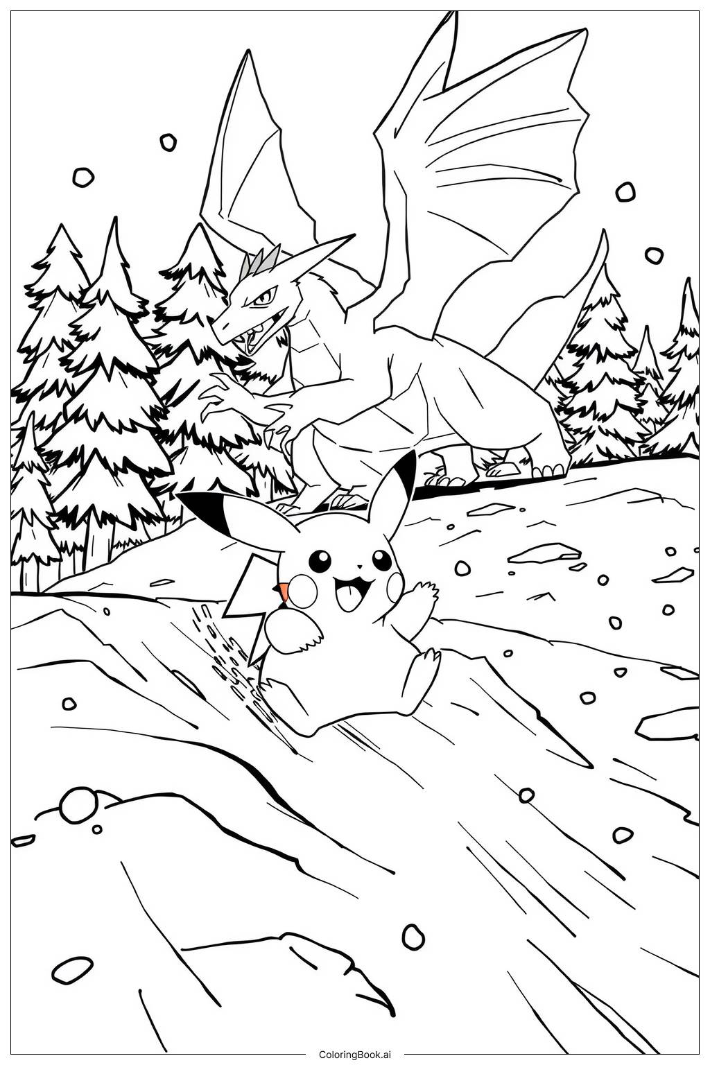  Pikachu and Charizard in a Snowy Scene-2 Coloring Page 