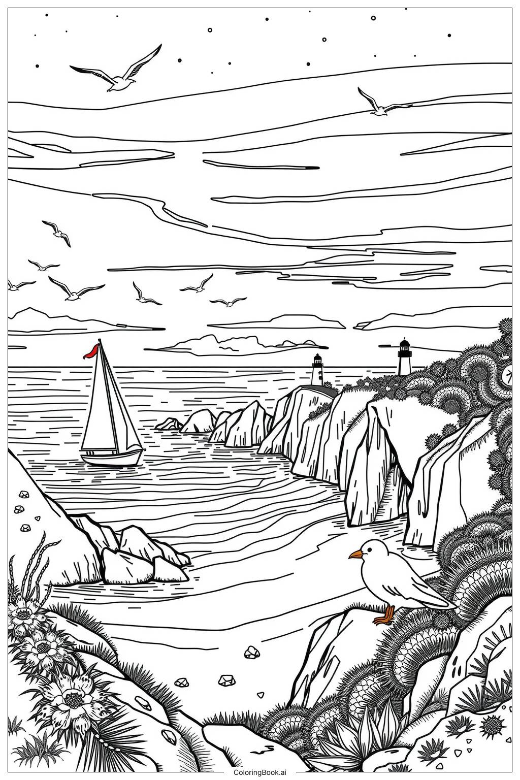  Page de coloriage Excursion en bateau à la découverte d'une côte pittoresque 