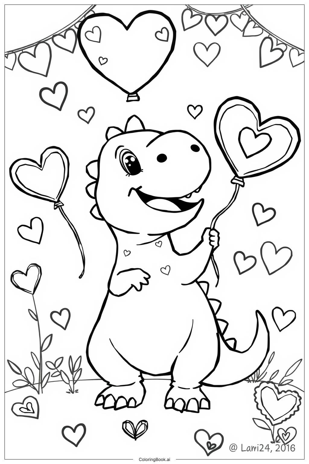  Dinosaur Valentine Heart Coloring Page 