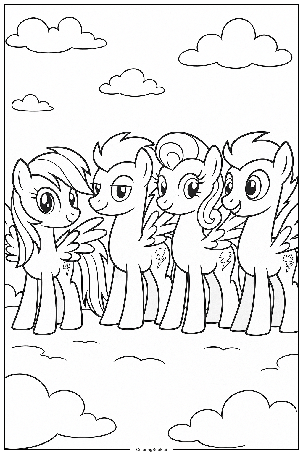  Página para colorear de Rainbow Dash con sus amigos Wonderbolt 