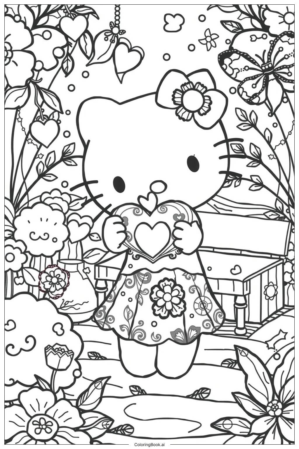  Page de coloriage hello kitty tenant un cœur 