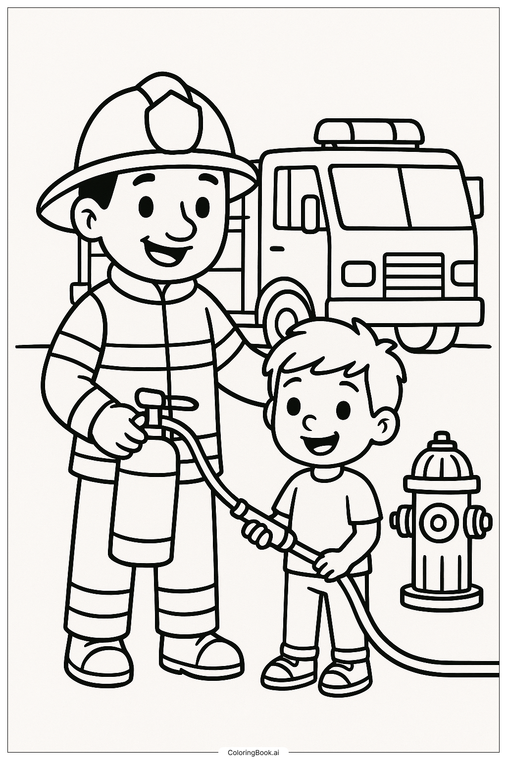 消防安全 消防员帮助孩子填色页