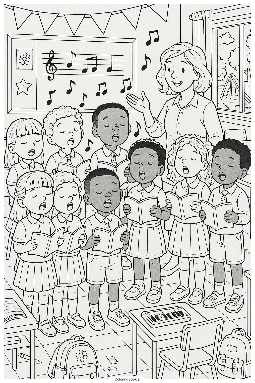  Page de coloriage Chanter une chanson le premier jour d'école 