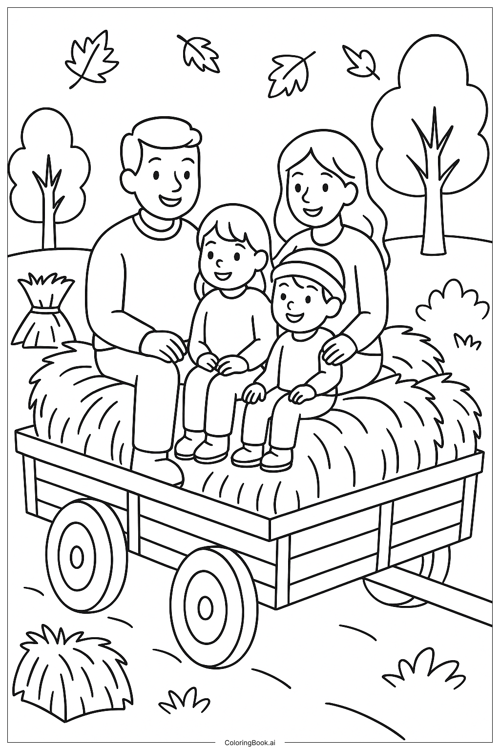  Eine Familie bei einer Herbst-Heuwagentour Ausmalseite 