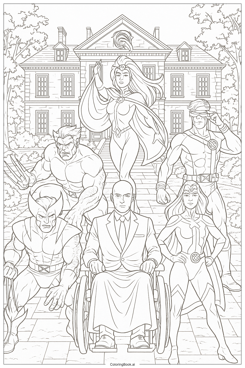  Página para colorear de Los X-Men Frente a la Mansión X 