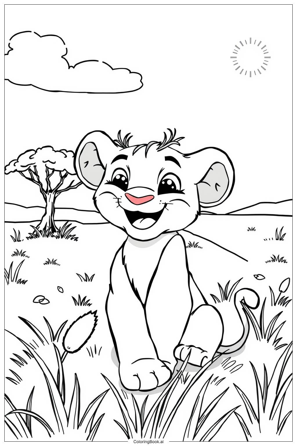  Page de coloriage lion roi simba avec un grand sourire 